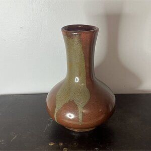 Vintage Brown & Green Ceramic Vase With Abstract Drip Glaze Design